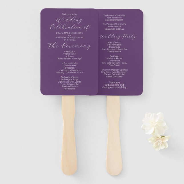 Leque Programa de Casamento Roxo Minimalista (Frente e Verso)
