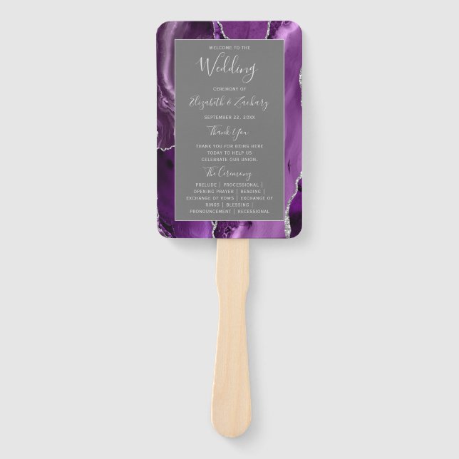 Leque Programa de Casamento Roxo Prata Ágata Cinza (Frente)