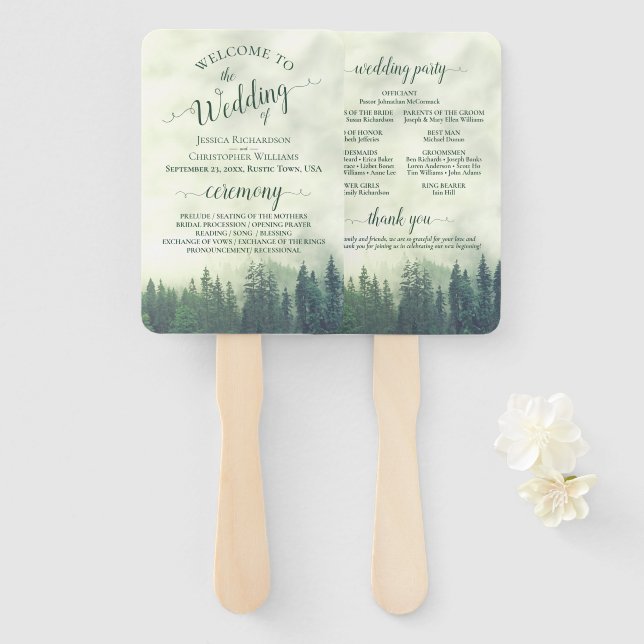 Leque Programa de Casamento Russo Misty Green Pine Trees (Frente e Verso)