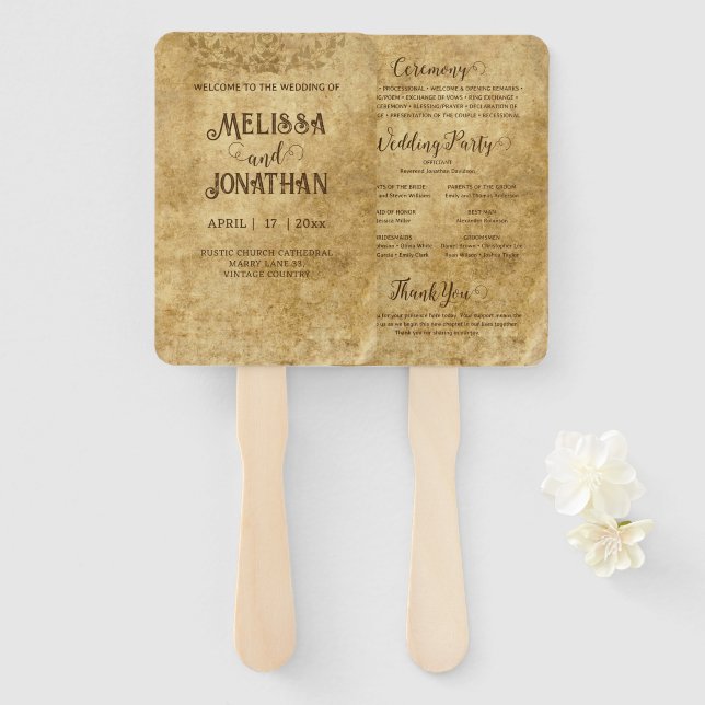 Leque Programa de casamento rústico vintage marrom Noiva (Frente e Verso)