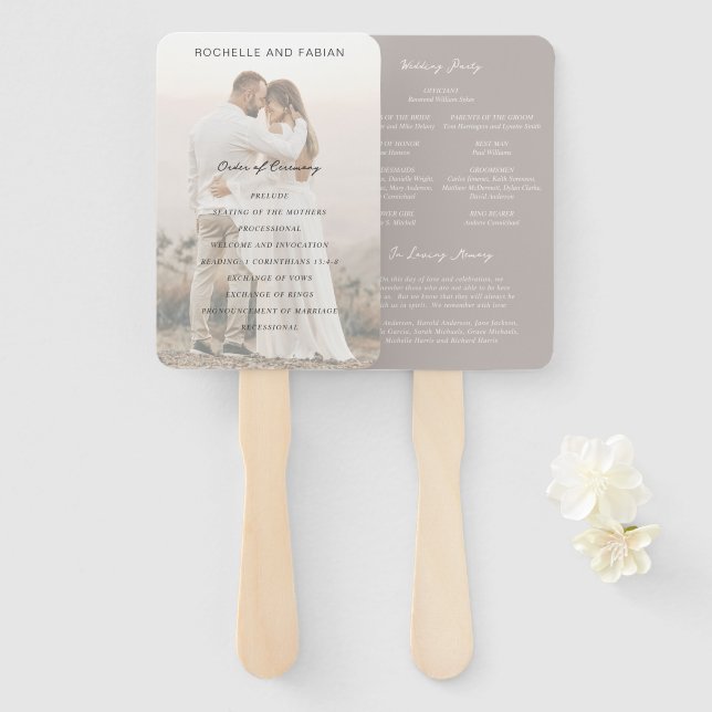 Leque Programa de Casamento Simples Elegante em Bege (Frente e Verso)