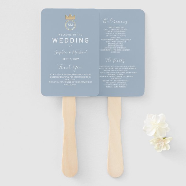 Leque Programa de Casamento Simples em Azul Poeirento (Frente e Verso)