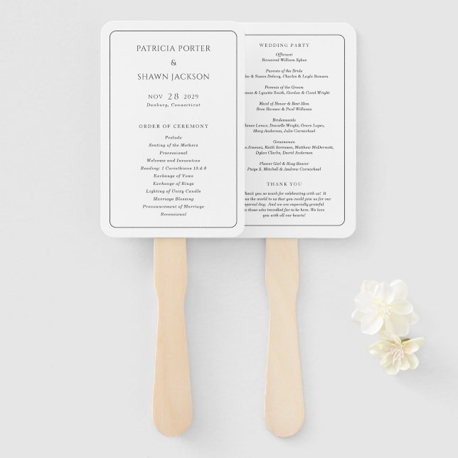 Leque Programa de Casamento Simples Preto e Branco Elega (Frente e Verso)