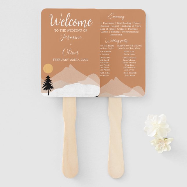 Leque programa de casamento tema deserto de terracota bo (Frente e Verso)