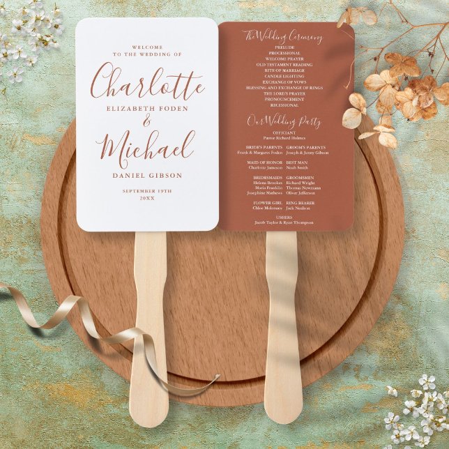Leque Programa de Casamento Terracota em Letra Elegante (Elegant Script Terracotta Wedding Program Hand Fan)