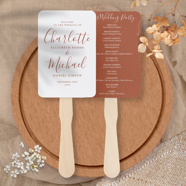 Leque Programa de Casamento Terracotta Signature Script (Terracotta Signature Script Wedding Program Hand Fan)