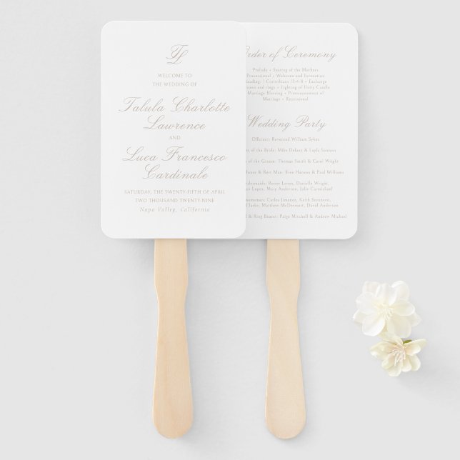 Leque Programa de Casamento Tradicional Elegante e Neutr (Frente e Verso)