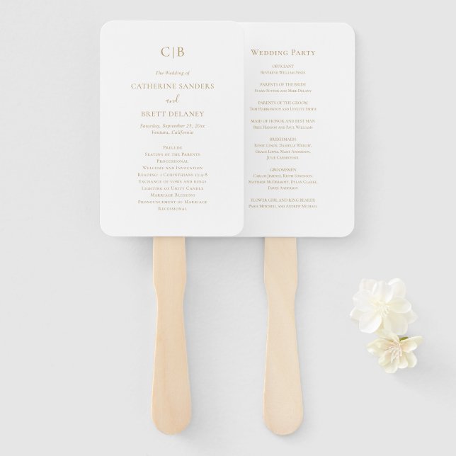 Leque Programa de Casamento Tradicional Elegante em Ouro (Frente e Verso)
