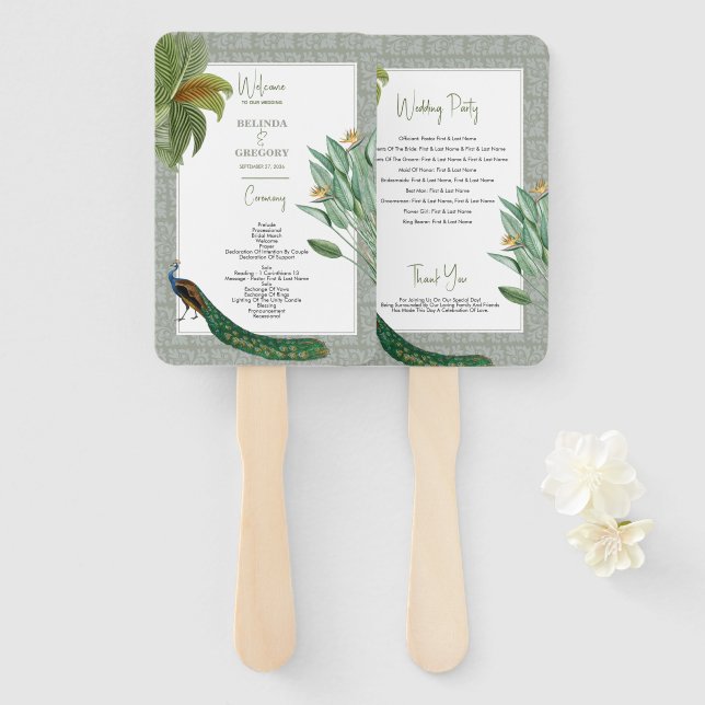 Leque Programa de Casamento Tropical com Pena de Pavão V (Frente e Verso)