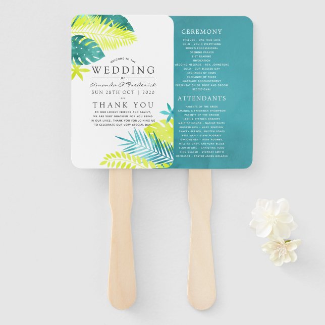 Leque Programa de Casamento Tropical de Teal e Lemon (Frente e Verso)