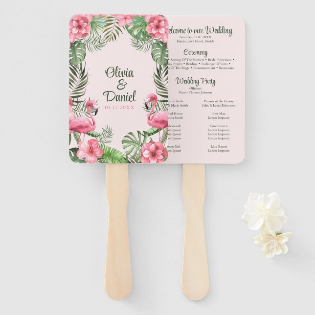 Leque Programa de Casamento Tropical Flamingo, Cor de Ág (Frente e Verso)