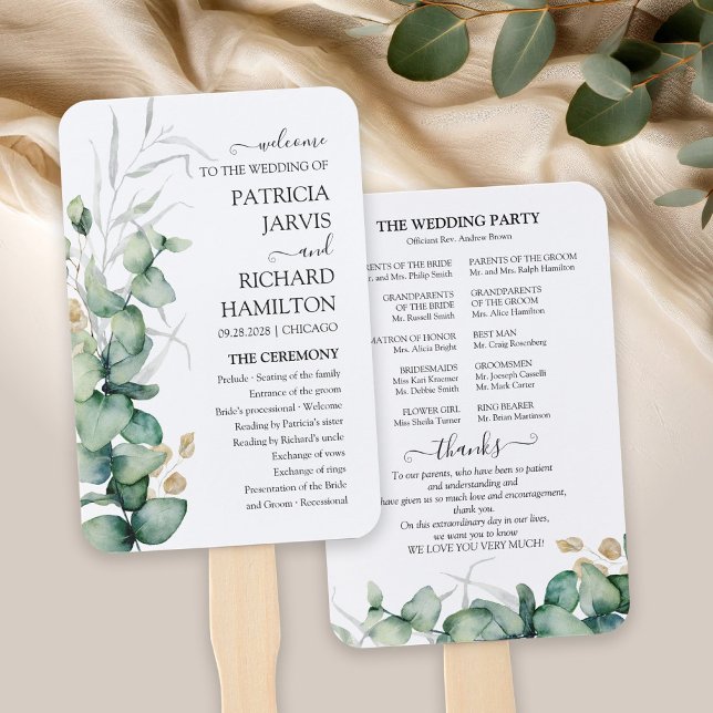 Leque Programa de Casamento Verde Aquarela Eucalipto (Criador carregado)