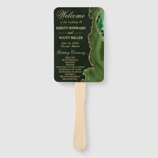 Leque Programa de Casamento Verde e Dourado com Brilho d (Frente)