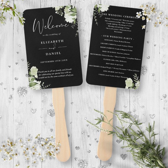 Leque Programa de Casamento Verde Floral Negro E Branco (Black And White Floral Greenery Wedding Program Hand Fan)