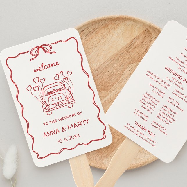 Leque Programa de Casamento Vermelho de Desenho Retrópic (Hand illustrated Wedding Program on Hand Fans in Red Whimsical Funky Retro French Vintage Wedding)