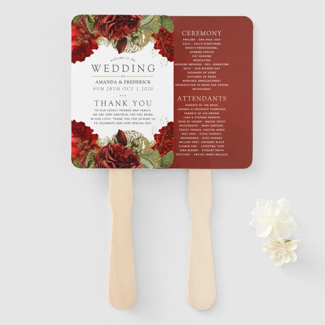 Leque Programa de Casamento Vintage em Vermelho Borgonha (Frente e Verso)
