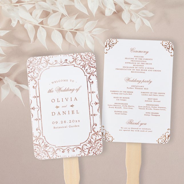 Leque programa de casamento vintage rosa de ornamentado  (Rose gold elegant ornate vintage wedding program hand fan)