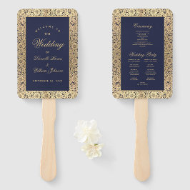 Leque Programa de Casamento Vintage Rosas Douradas Azul 