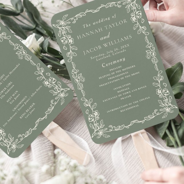 Leque Programa de Casamento Vintage Verde Sage Elegante (Criador carregado)