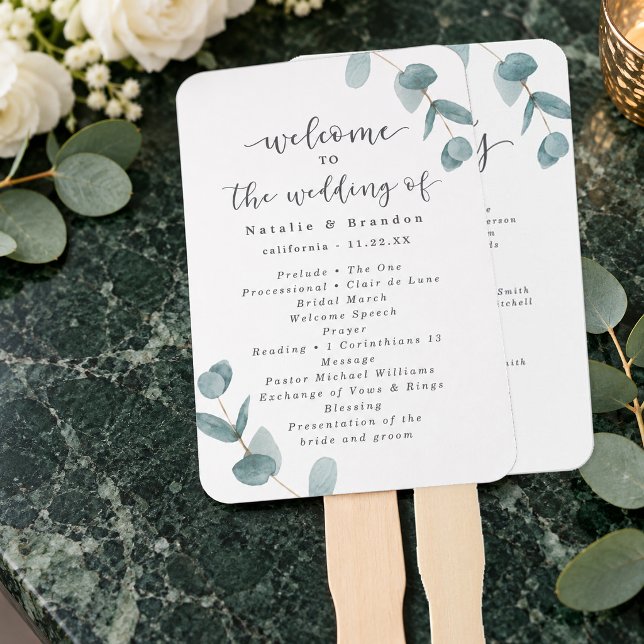 Leque Programa de Cerimônia de Casamento com Eucalipto e (Eucalyptus Wedding Ceremony Program Hand Fan front and back. Styling props not included.)