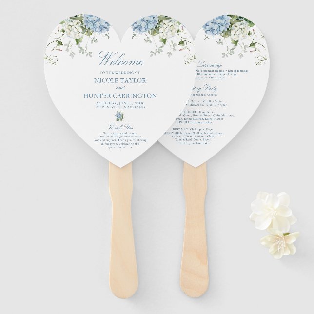 Leque Programa de Cerimônia de Casamento com Hortênsias  (Frente e Verso)