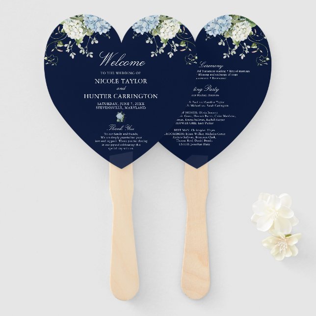 Leque Programa de Cerimônia de Casamento com Hortênsias  (Frente e Verso)