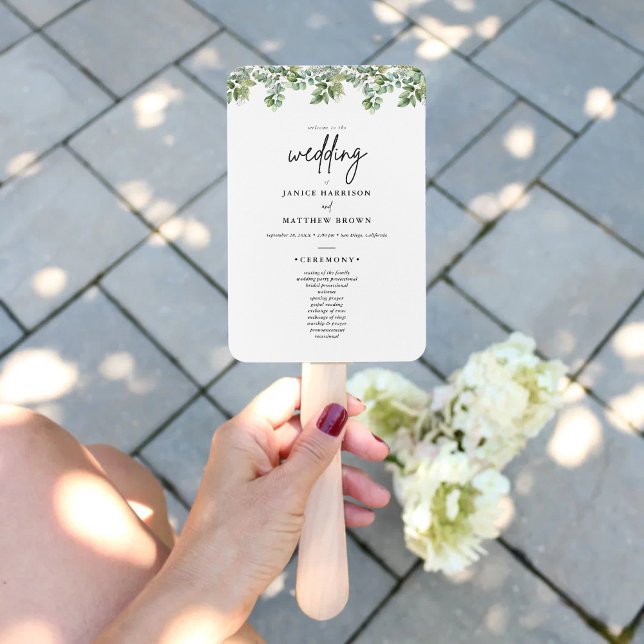 Leque Programa de Cerimônia de Casamento com Verde de Eu (Boho eucalyptus greenery program fan keeps guests cool with a fresh natural wedding touch)