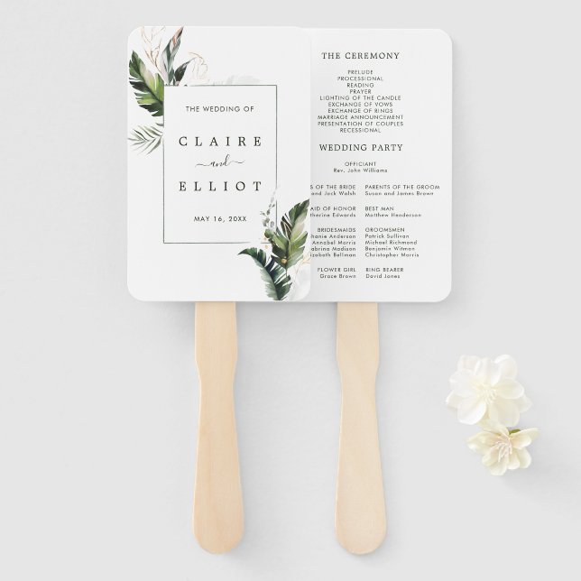 Leque Programa de Cerimônia de Casamento de Folhagem Tro (Frente e Verso)