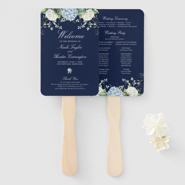 Leque Programa de Cerimônia de Casamento de Hortênsia Az (Frente e Verso)