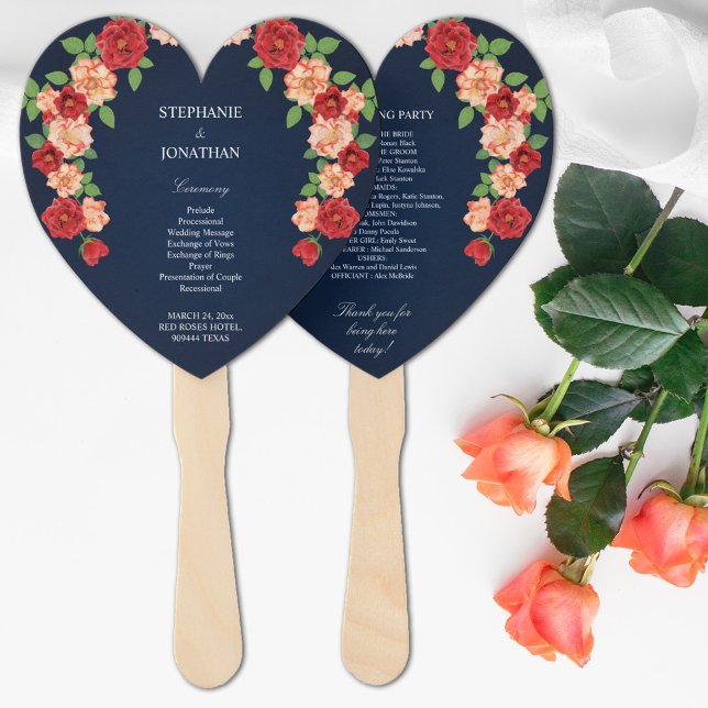 Leque Programa de Cerimônia de Casamento do Rosa Vermelh (Navy Blue Red Orange Rose Wedding Ceremony Program Hand Fan)