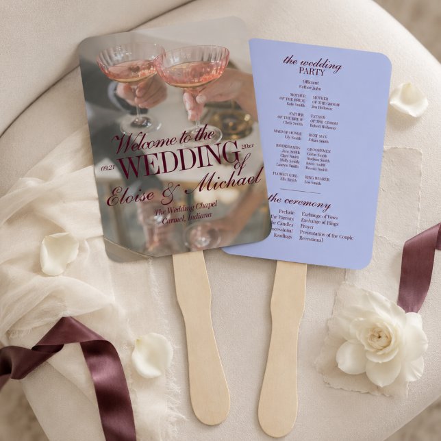 Leque Programa de Cerimônia de Casamento em Letra Luxuos (Luxury Periwinkle Script Wedding Ceremony Program Hand Fan)