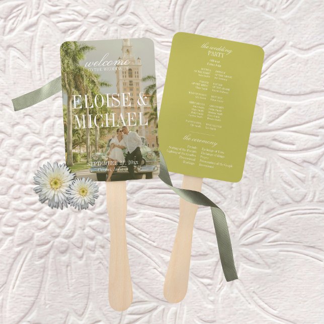 Leque Programa de Cerimônia de Casamento em Rótulo Moder (Modern Chartreuse Script Wedding Ceremony Program Hand Fan)