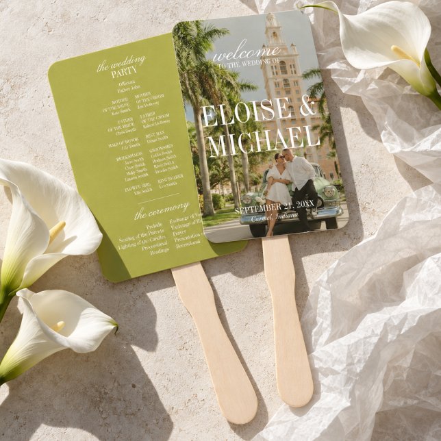 Leque Programa de Cerimônia de Casamento em Rótulo Moder (Modern Chartreuse Script Wedding Ceremony Program Hand Fan)