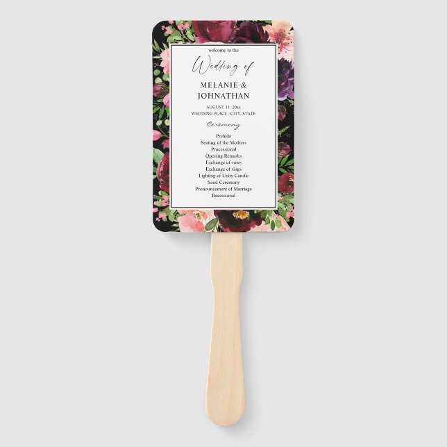 Leque Programa de Cerimônia de Casamento Floral Burgundy (Frente)