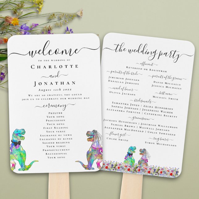 Leque Programa de Cerimônia de Casamento Floral com Tema (Watercolor wildflower dinosaur T-Rex bride and groom wedding ceremony program fan Vibrant bold color)