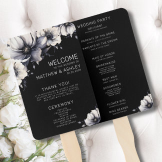 Leque Programa de Cerimônia de Casamento Negro Floral Mo