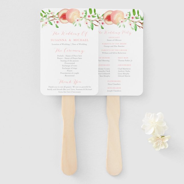 Leque Programa de Cerimônia de Casamento Sul de Pêssegos (Frente e Verso)