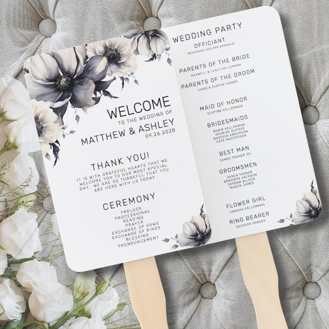 Leque Programa de Cerimônia Preto Branco Floral Casament (Ceremony Programs Boho Floral Black White Wedding Hand Fan)