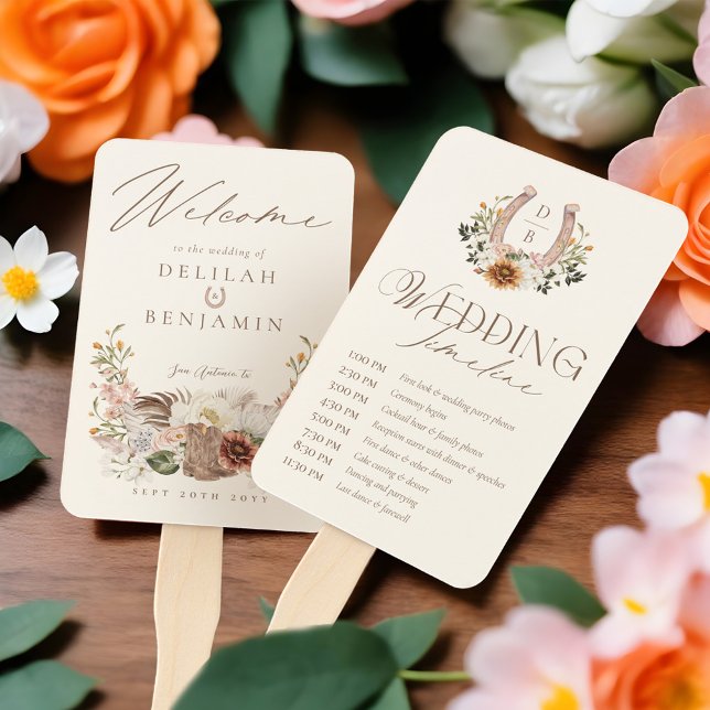 Leque Programa de Cronograma do Dia do Casamento do Boho (Country Western Boho Wedding Day Timeline Program Hand Fan (Front & Back))