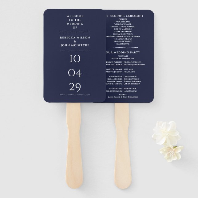 Leque Programa de Data Especial de Casamento Azul Naval (Frente e Verso)