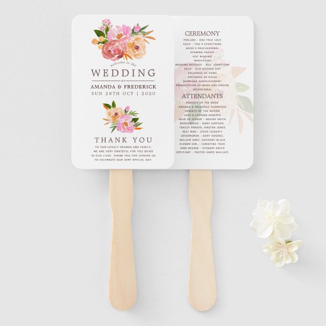 Leque Programa de flores aquarela para Casamento de Prim (Frente e Verso)