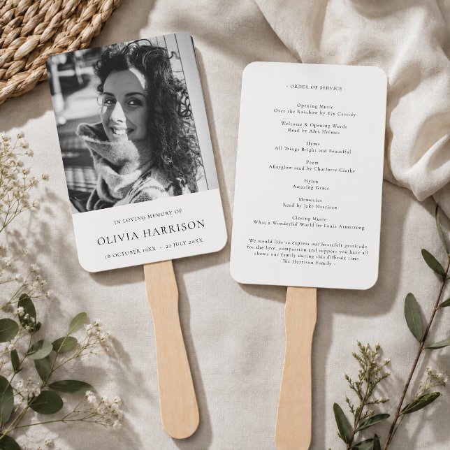 Leque Programa de Memorial Ventoinha de Mão | Ordem de S (Personalized memorial hand fan with photo and order of service for funeral guests.)