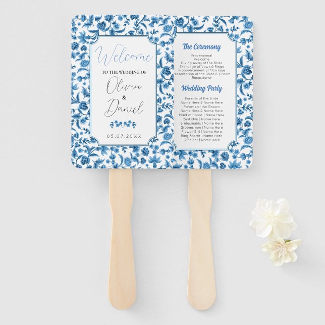 Leque Programa de Menu Casamento Chintz Blue & White Flo (Frente e Verso)
