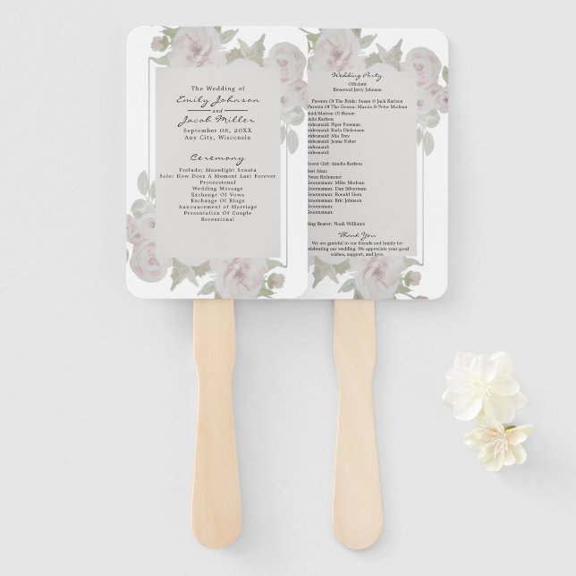 Leque Programa de Núpcias de Flores Rosa Cinza Rosa Água (Frente e Verso)