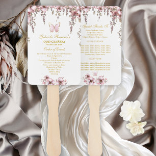 Leque Programa de Quinceañera Borboleta Dourada Rosa Rub