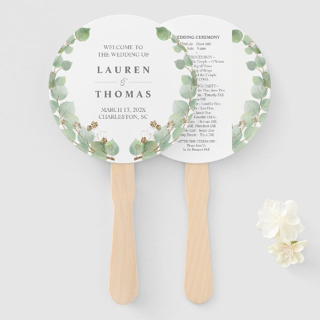 Leque Programa de Ventilador Dourado Eucalyptus (Frente e Verso)