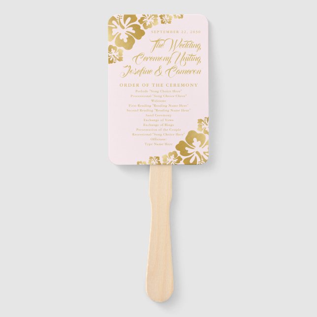 Leque Programa Dourado de Casamento de Flores Tropicais  (Frente)