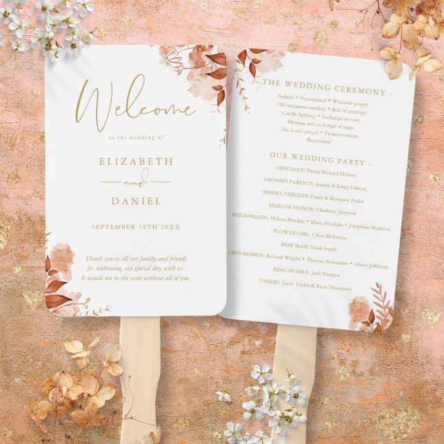 Leque Programa Dourado de Casamento Floral de outono (Gold Autumn Fall Floral Wedding Program Hand Fan)