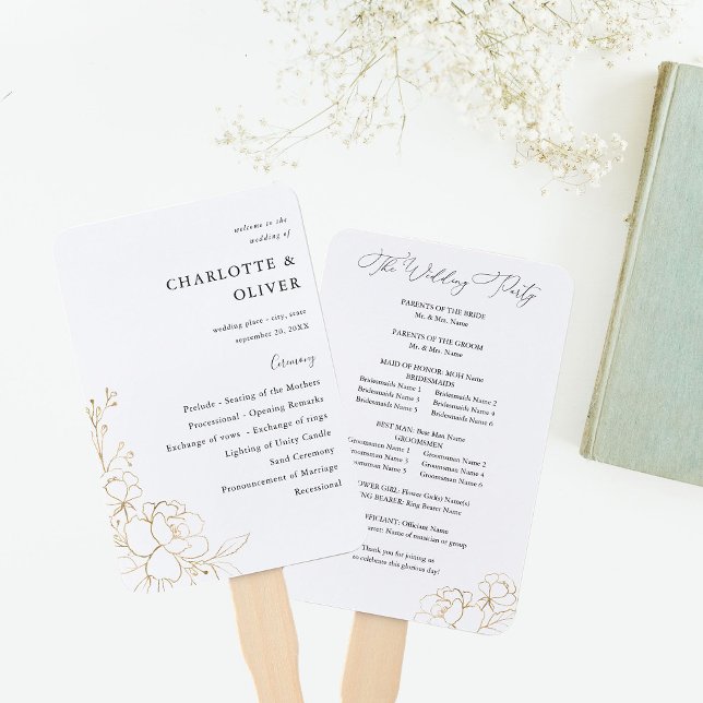Leque Programa Dourado de Casamento Floral Lined (Criador carregado)
