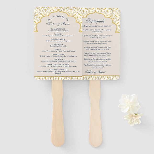 Leque Programa Dourado de Casamento Hindu Saptapadi (Frente e Verso)